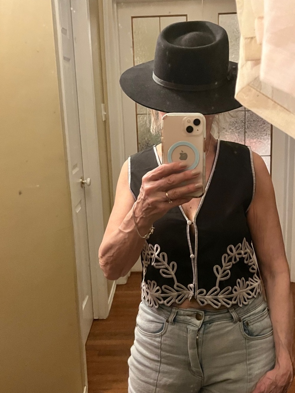 Black Sleeveless Embroidered V-Neck Vest